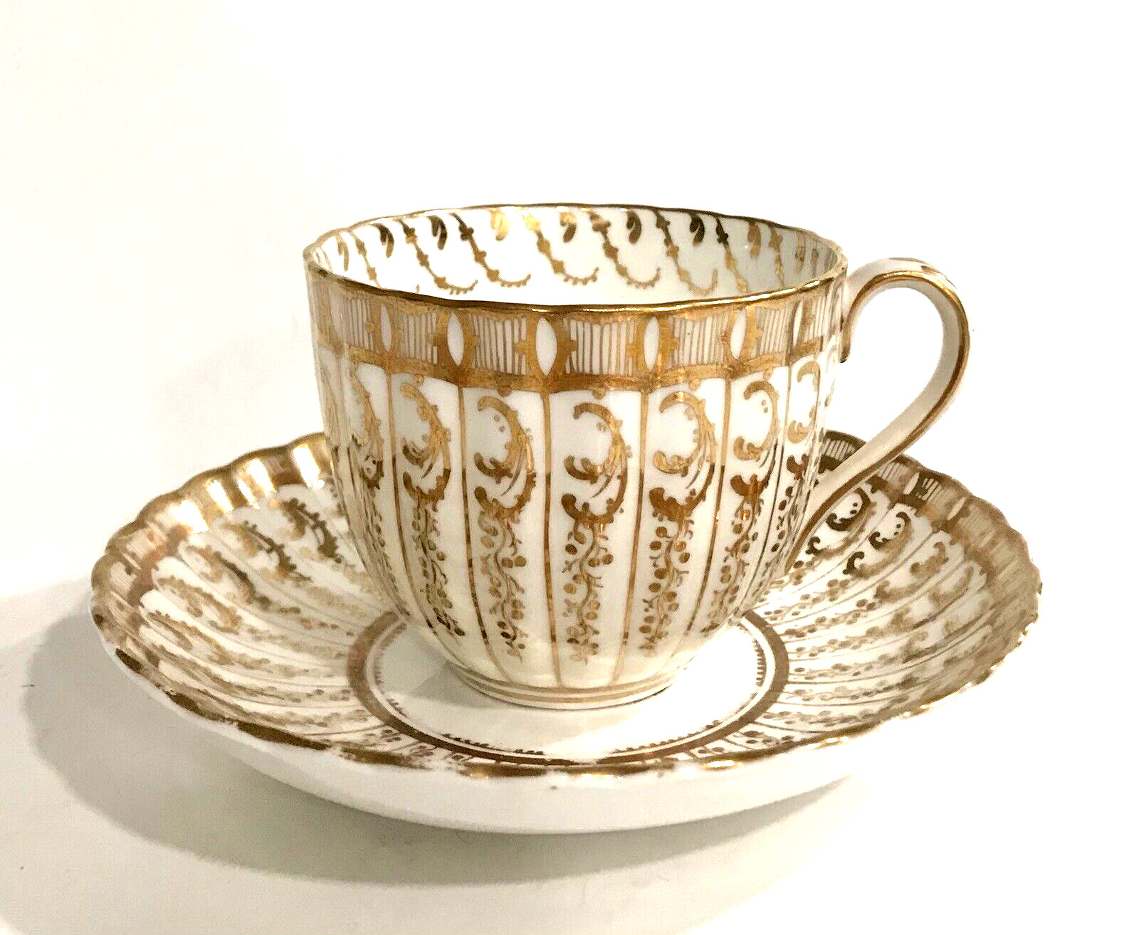 Vintage Scalloped Fine Bone China Teacup & Saucer Gold Embellishments Trim