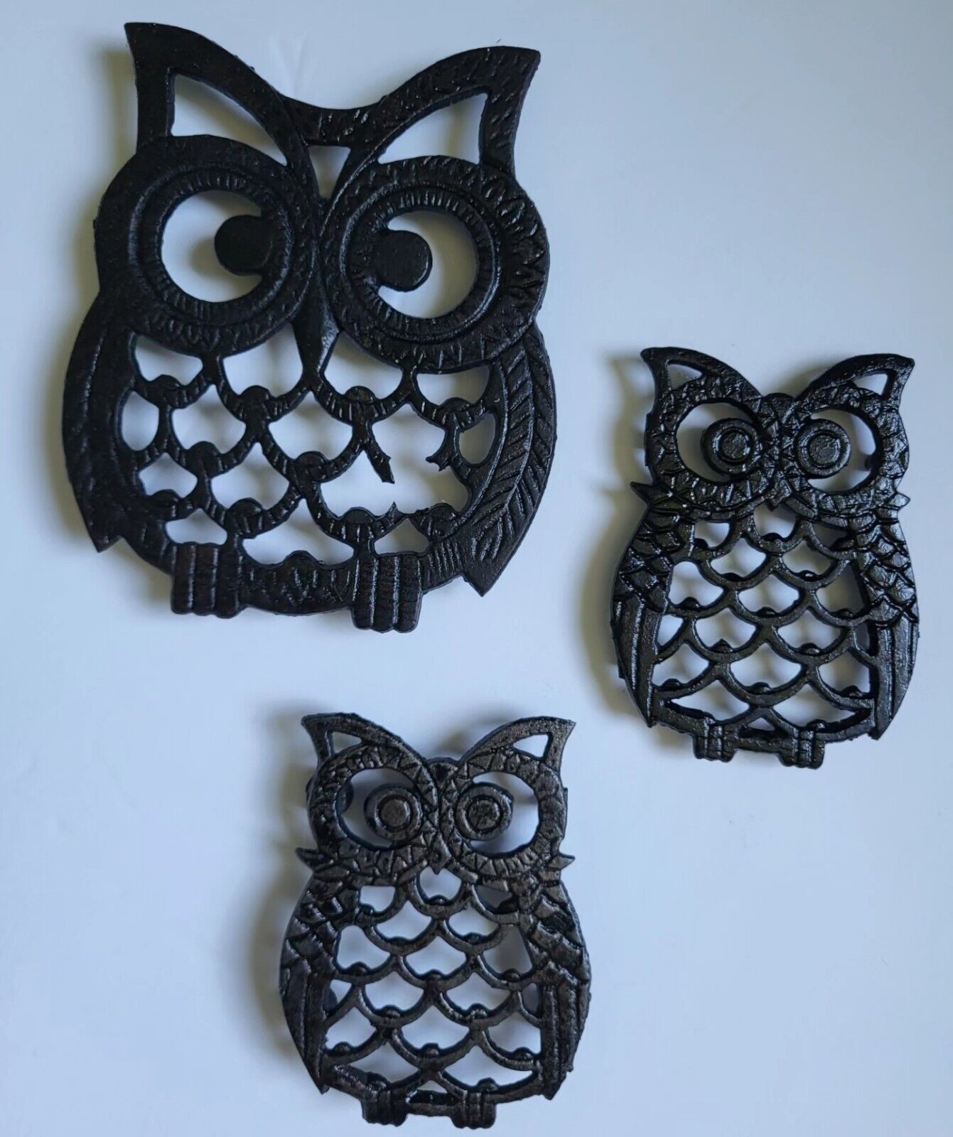 VINTAGE CAST IRON Owl Trivets Set Of 3 Made In Taiwan 