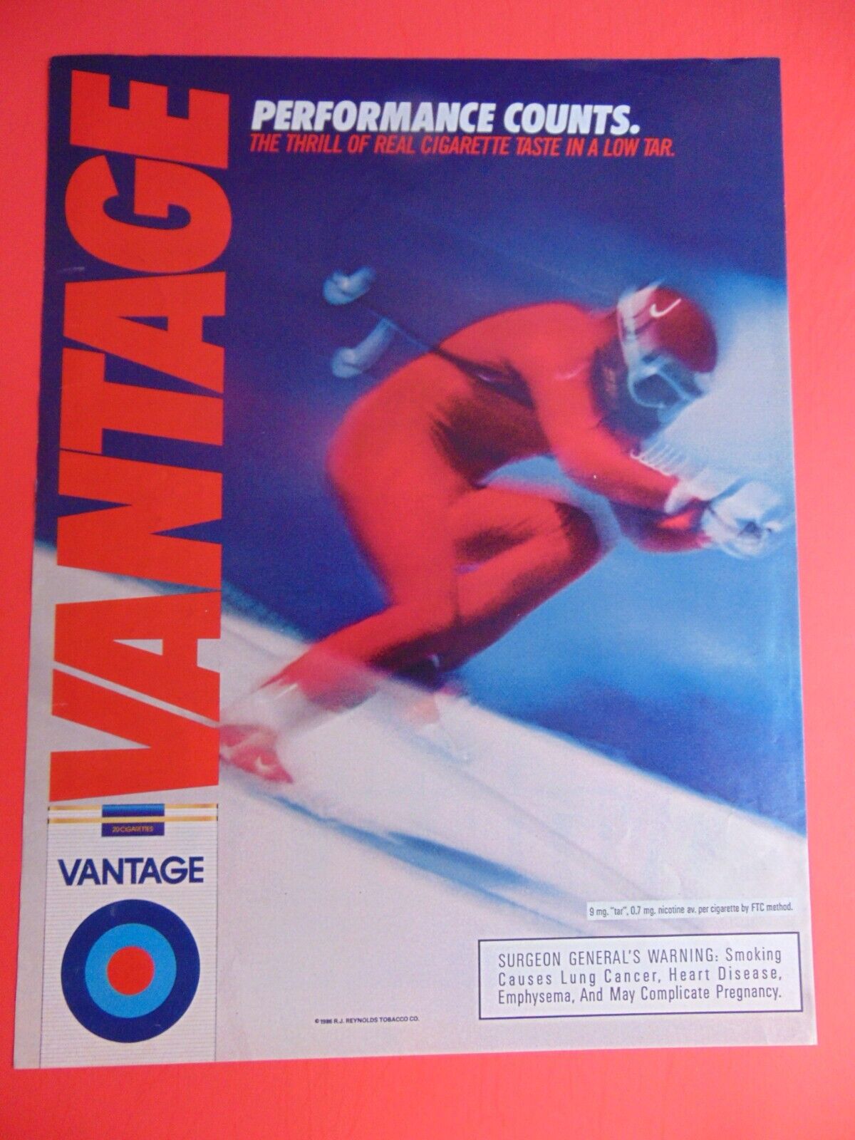 1986 VANTAGE CIGARETTES SKIING RACER photo art print ad