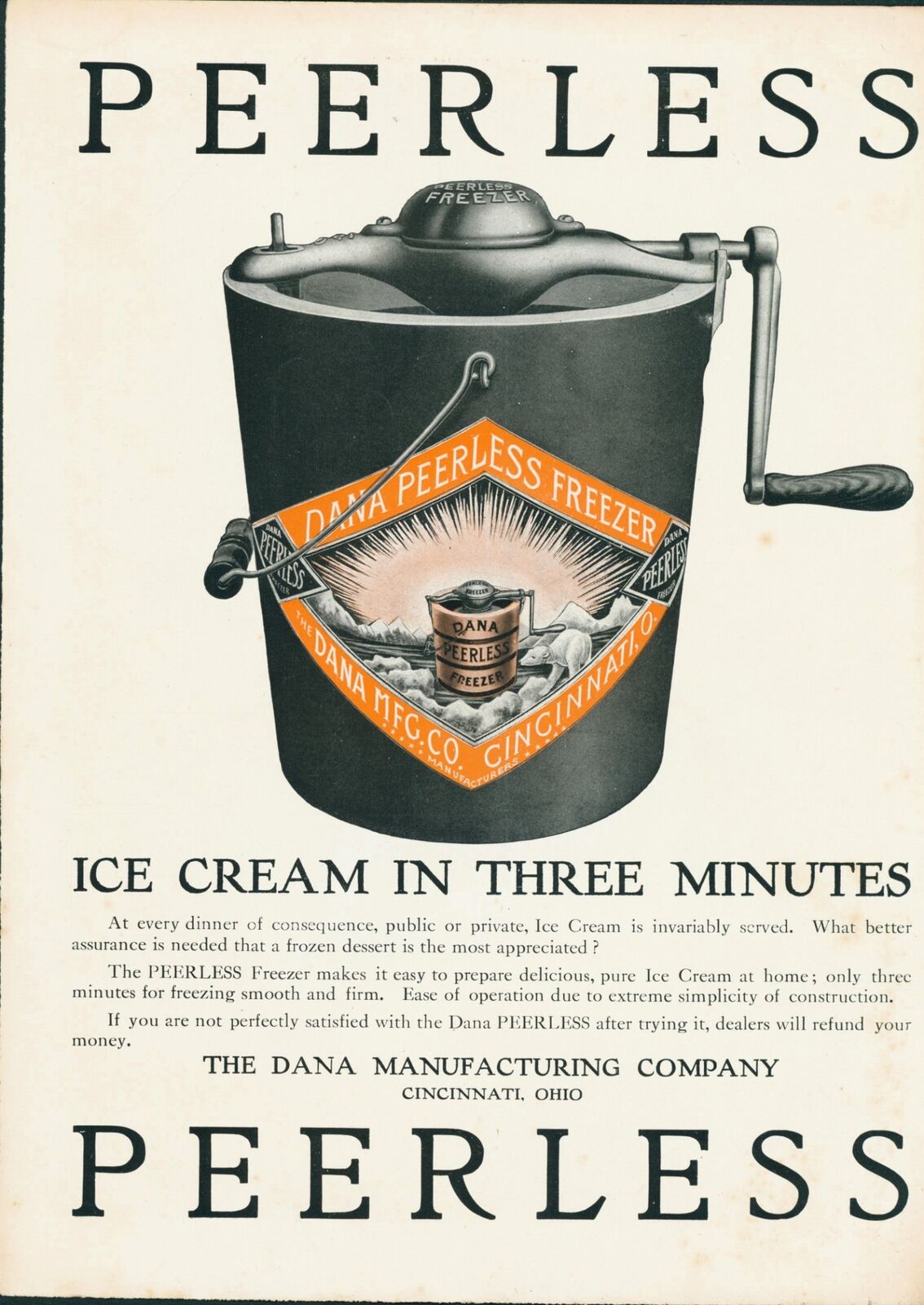 1912 Peerless Ice Cream Freezer Color Full Page Ad Dana Mfg Cincinnati Ohio USA