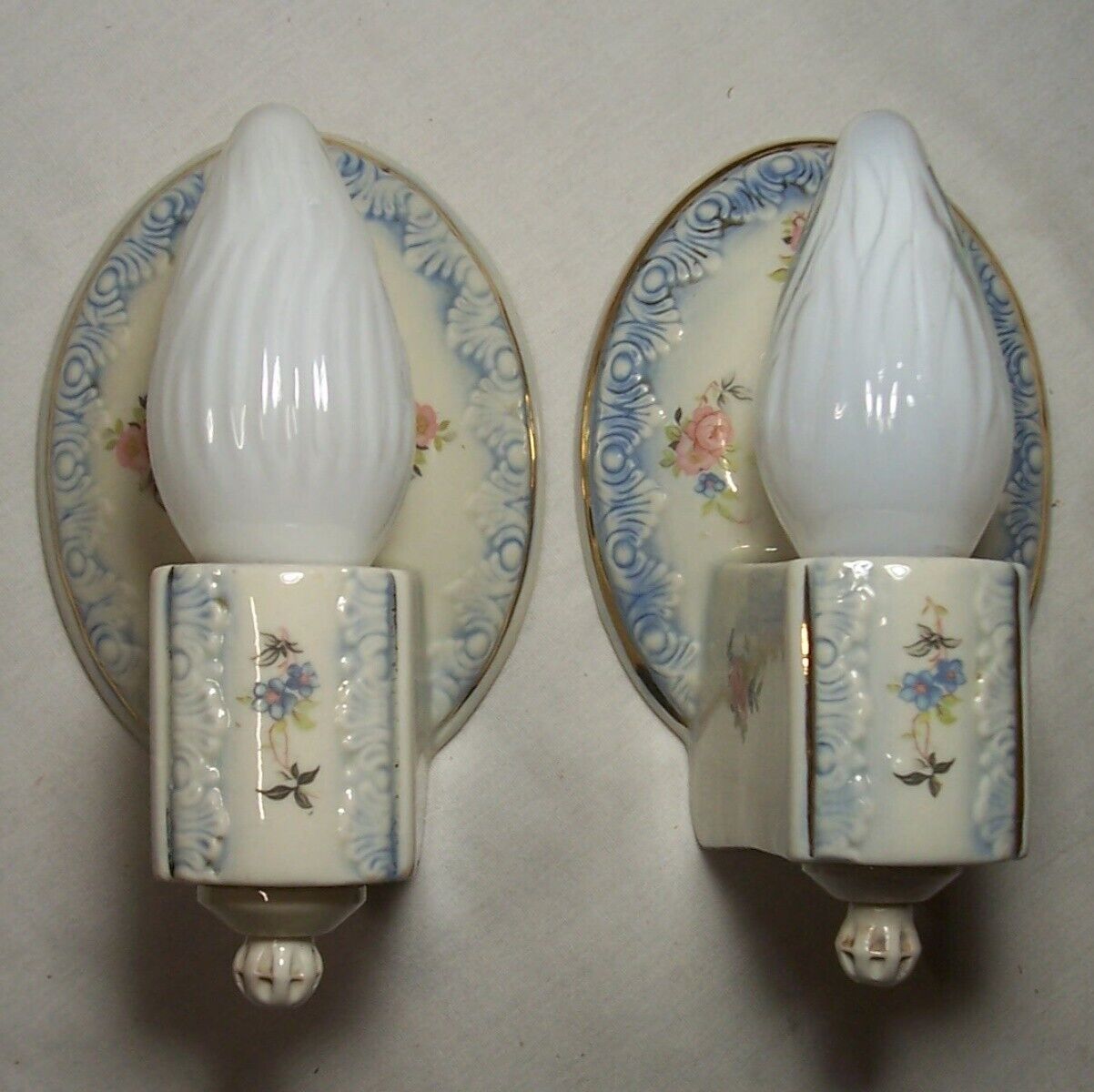 Antique Porcelain Sconce Pair Vtg Light Fixture Floral Blue Art Rewired USA #A82