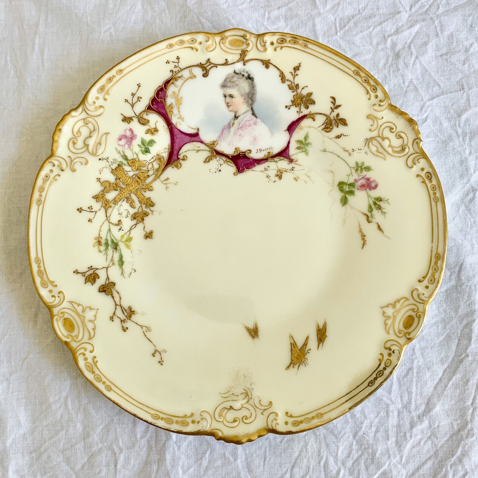 Antique French Sevres Style Porcelain Portrait Plate Signed J. Bazzek