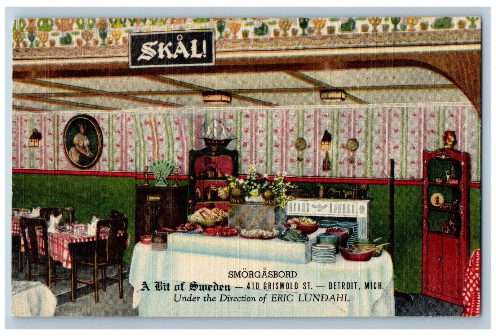 c1940s A Bit Of Sweden Smorgasbord Restaurant Interior Detroit Michigan Postcard