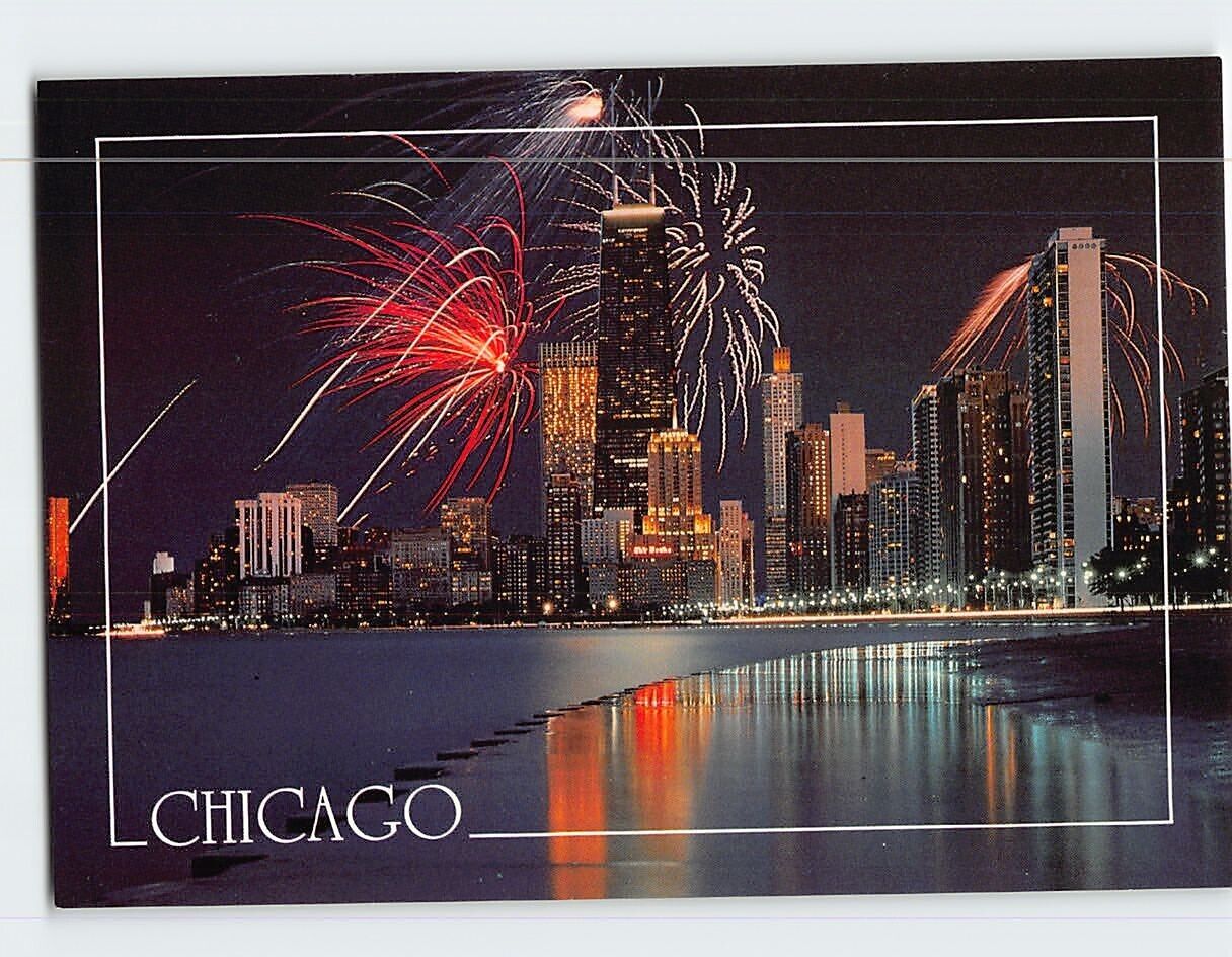 Postcard Fireworks Over The Chicago Skyline Chicago Illinois USA