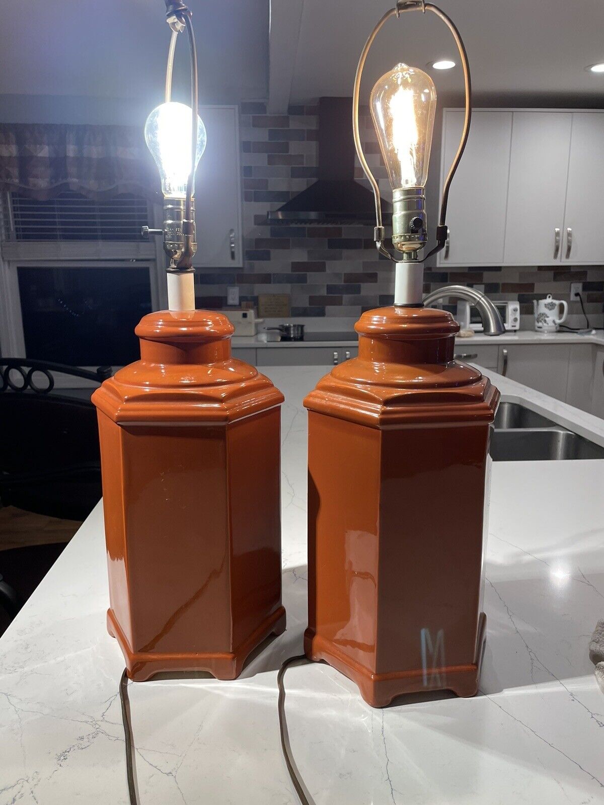 Vintage Pair Of 1960 1970 Hexagonal Burnt Orange Lamps Mid Modern Murano