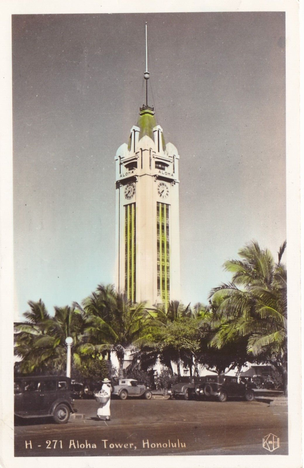 Aloha Clock Tower Honolulu Hawaii Color Tinted Real Photo Postcard 1939 RPPC