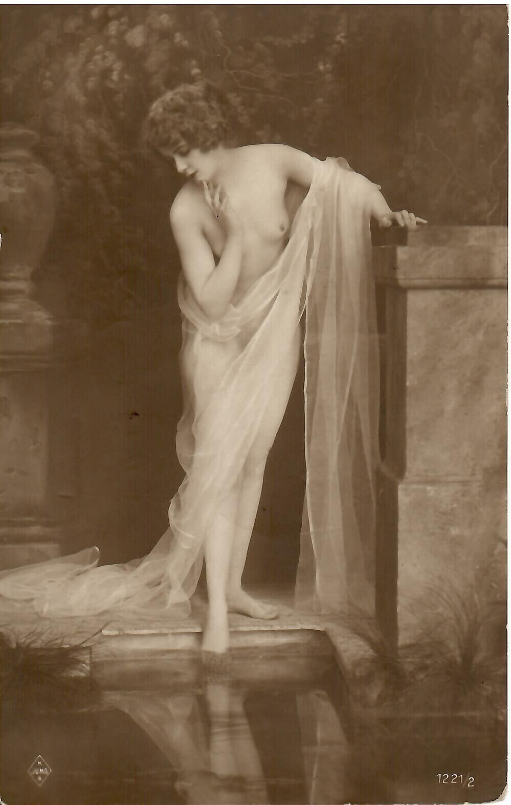 1900's Original RPPC Postcard ~ Lovely Draped Nude, Looking at Her Reflection