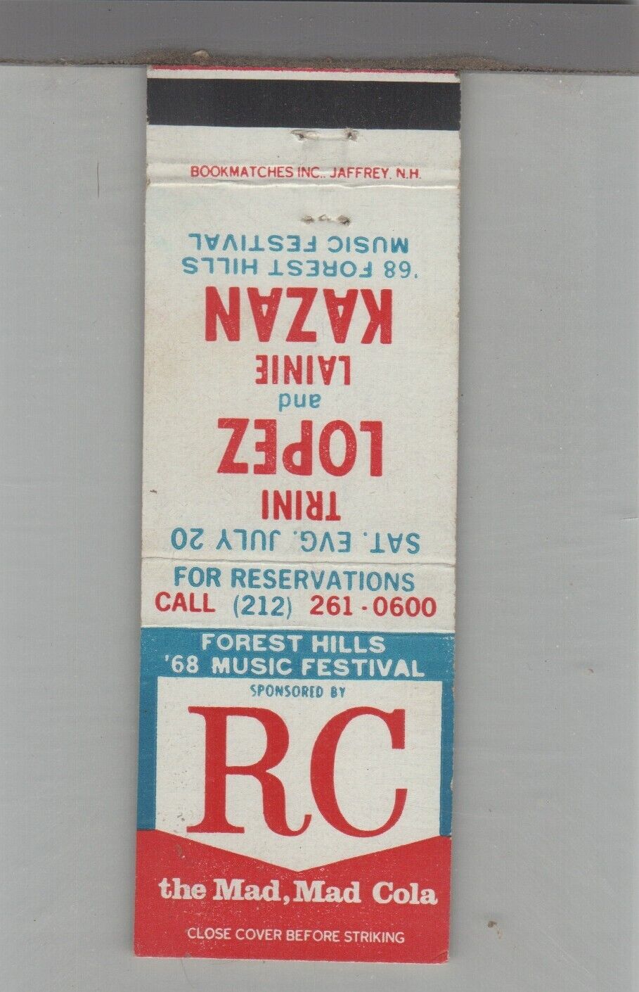 Matchbook Cover 1968 Royal Crown Trini Lopez & Lainie Kazan Music Festival