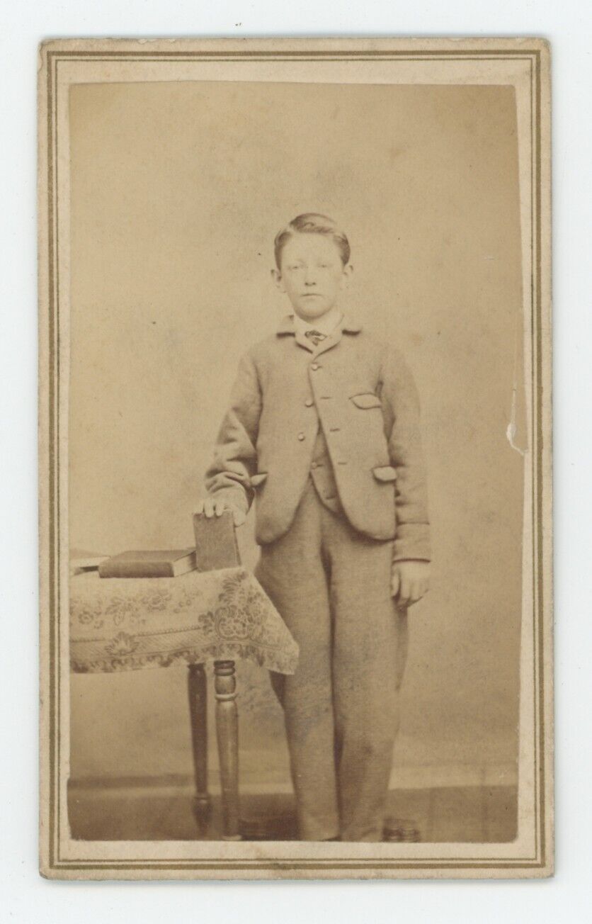 Antique CDV c1870s Handsome Young Boy Sitting By Books on Table Three Oaks, MI
