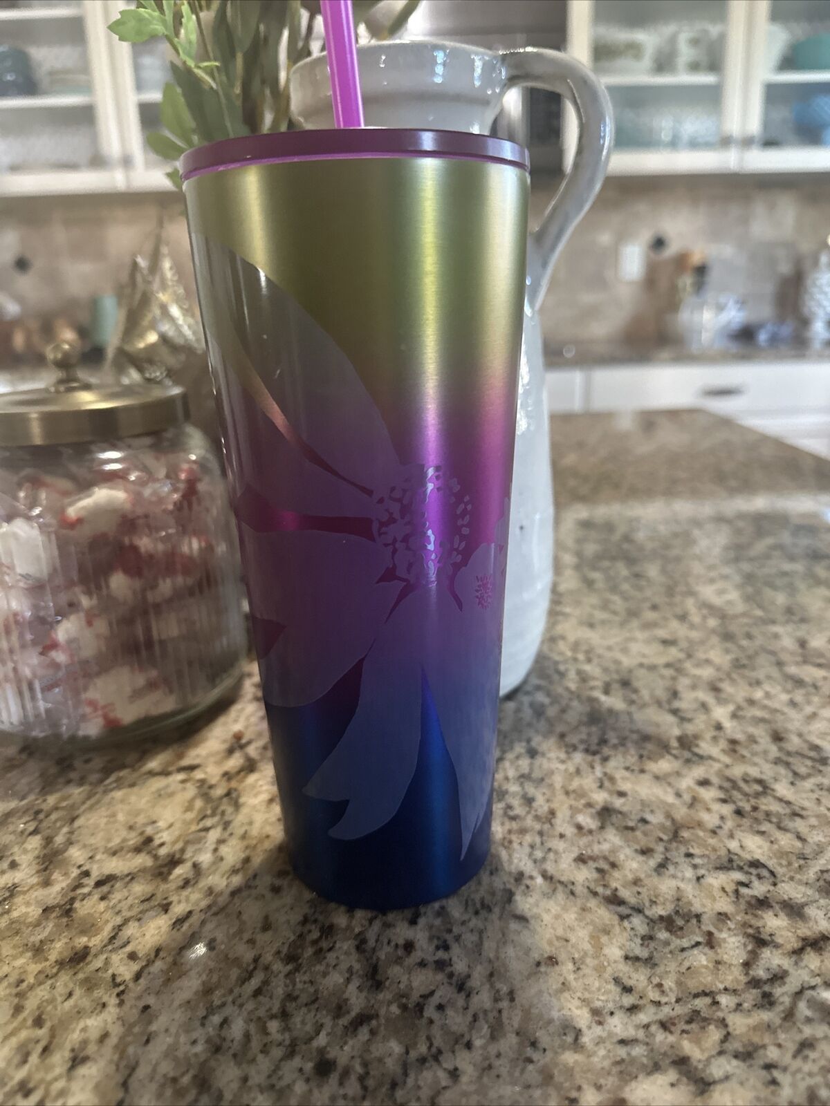 Starbucks Floral Ombre Purple Blue Gold Stainless Steel Cold Cup Tumbler 24 oz