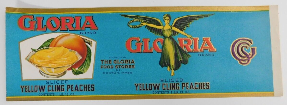Vintage  Gloria Brand Yellow Cling Peaches  Can label..Boston,Mass