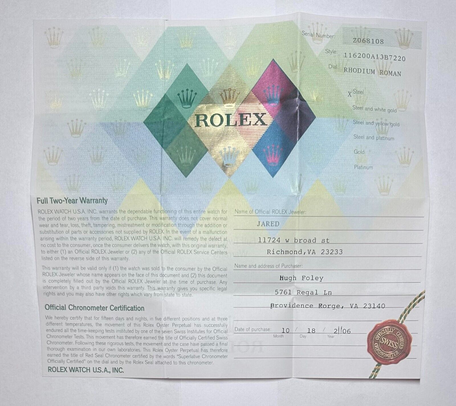 Rolex Datejust Swiss Warranty Guarantee Certificate Model 116200 Z Serial
