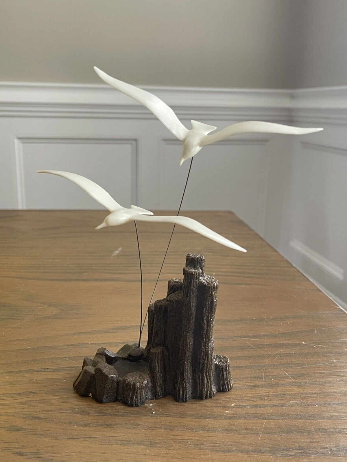 Vintage MCM Seagulls on Wire w Fuax Wood Base Kinetic Figurine Sculpture