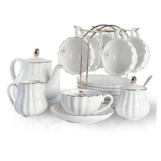Porcelain Tea Sets British Royal Series, 8 OZ Cups& Saucer Service for 6, White