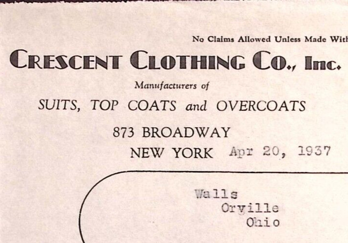 1937 CRESCENT CLOTHING CO NY WALLS ORVILLE OHIO BILLHEAD STATEMENT Z411
