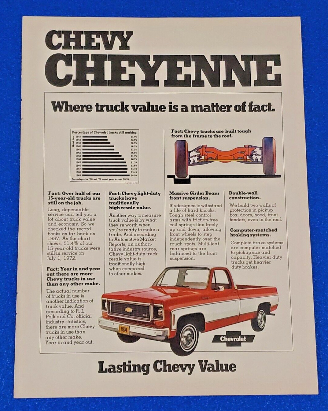 1974 CHEVY CHEYENNE PICKUP TRUCK ORIGINAL PRINT AD CLASSIC CHEVROLET WORK / FARM