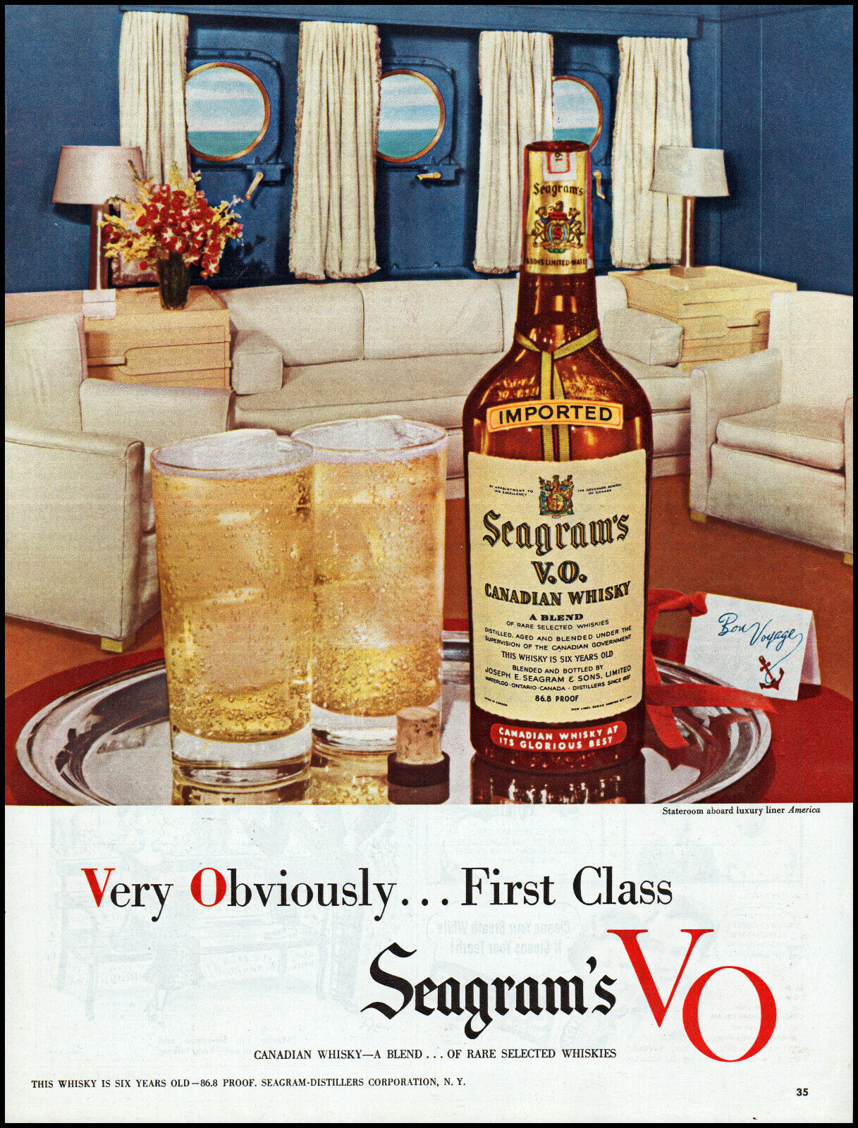 1949 America luxury liner stateroom Seagram\'s VO whisky retro photo print ad L7