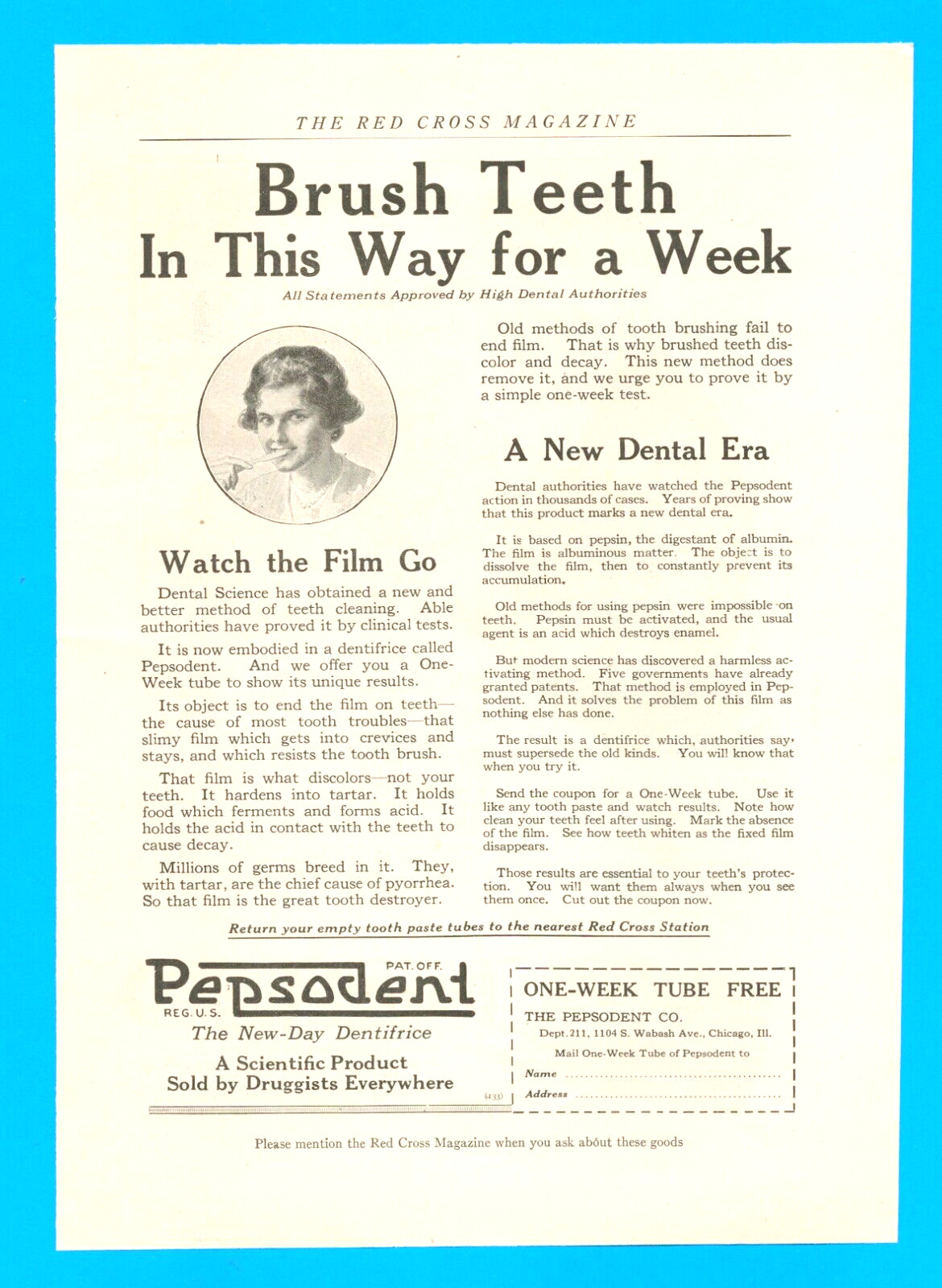 1918 PEPSODENT toothpaste new dental science antique PRINT AD brush teeth