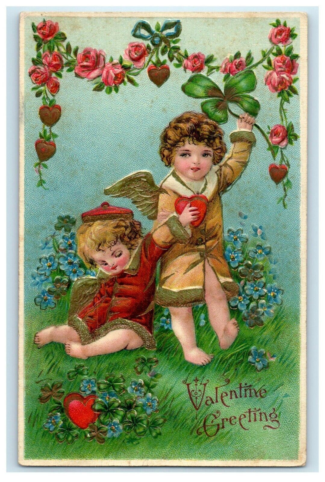 Valentine Cupid Cherubs Fall Asleep White Heart Roses Shamrock Embossed Postcard