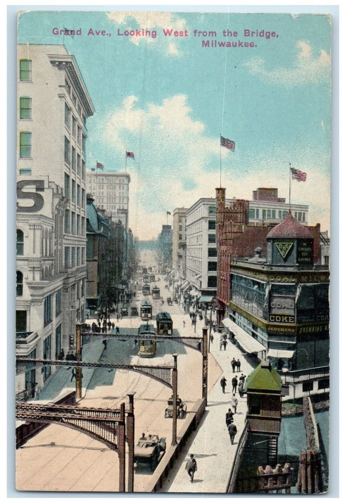 c1910\'s Grand Avenue Looking West From Bridge Milwaukee Wisconsin WI Postcard