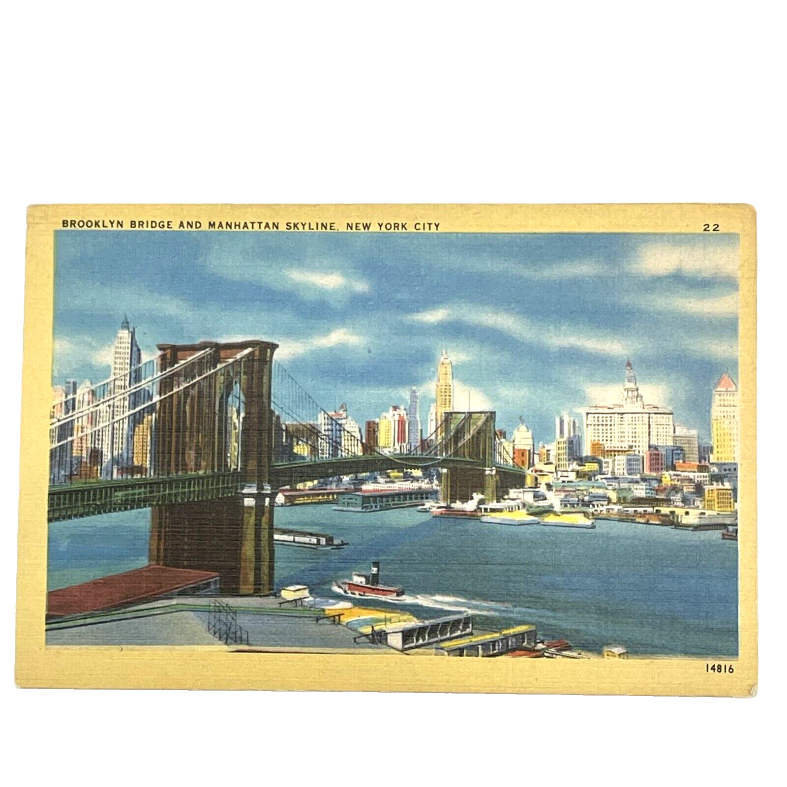 Vintage Brooklyn Bridge & Manhattan Skyline New York City Linen Postcard