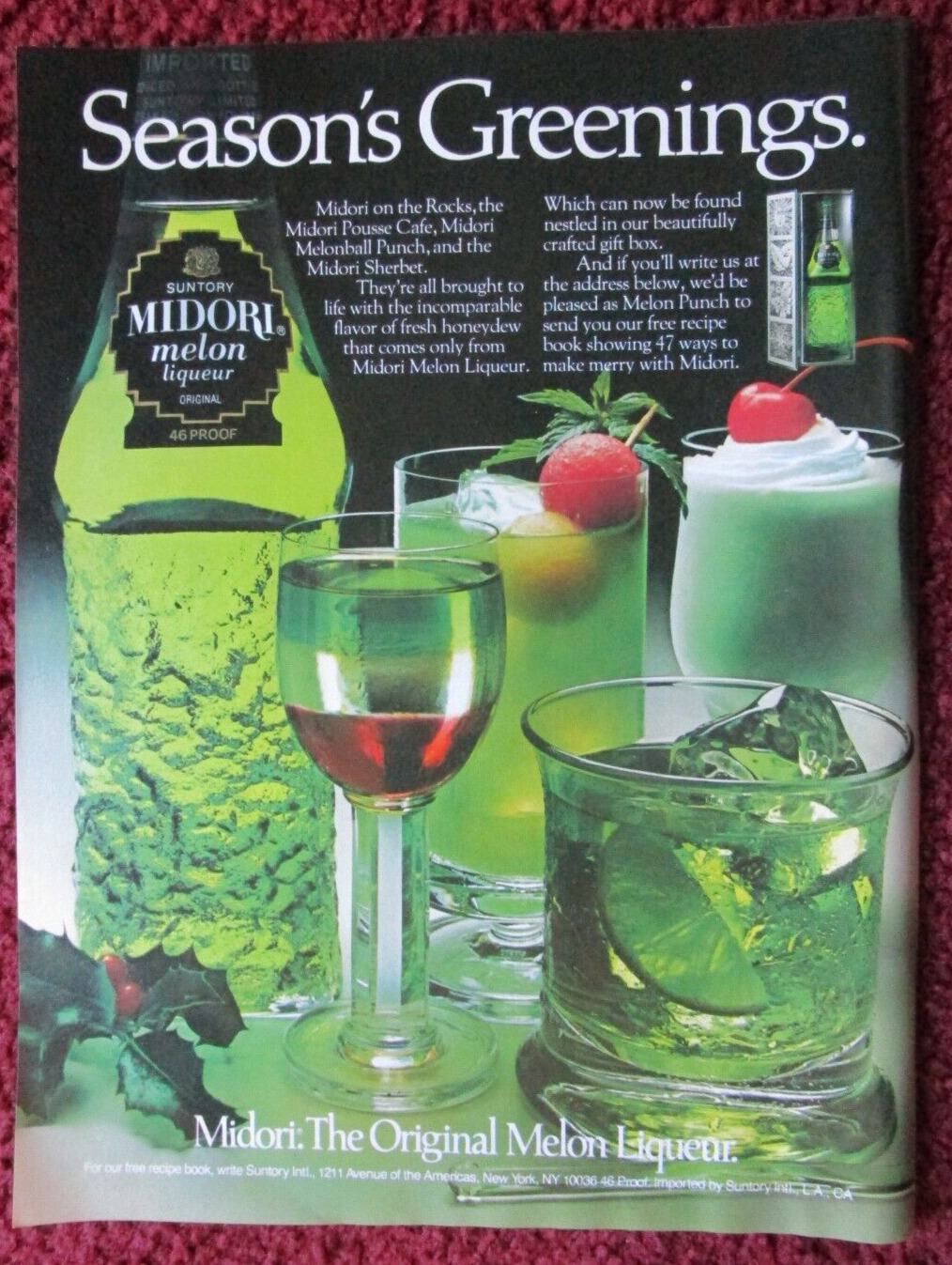 1982 SUNTORY Midori Melon Liqueur Print Ad ~ Season's Greetings Holiday Recipes