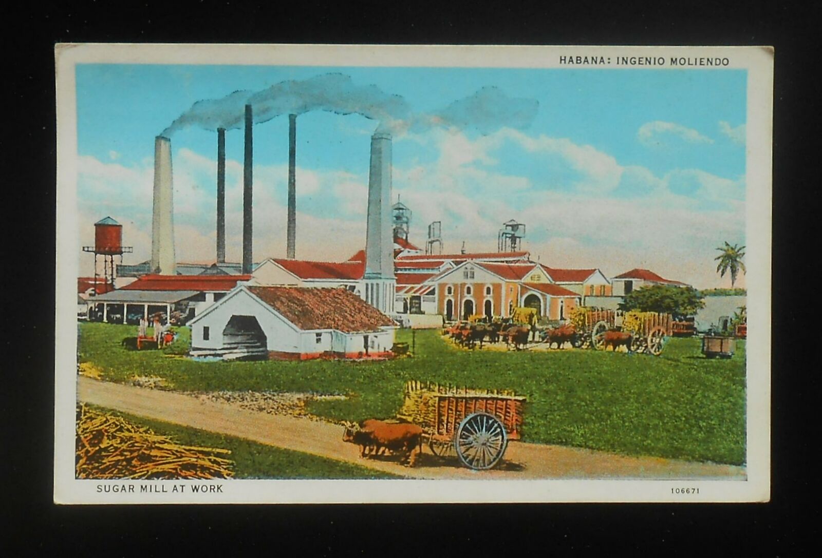 1920s Sugar Mill at Work Ingenio Moliendo Oxen Smokestacks Habana Cuba La Habana