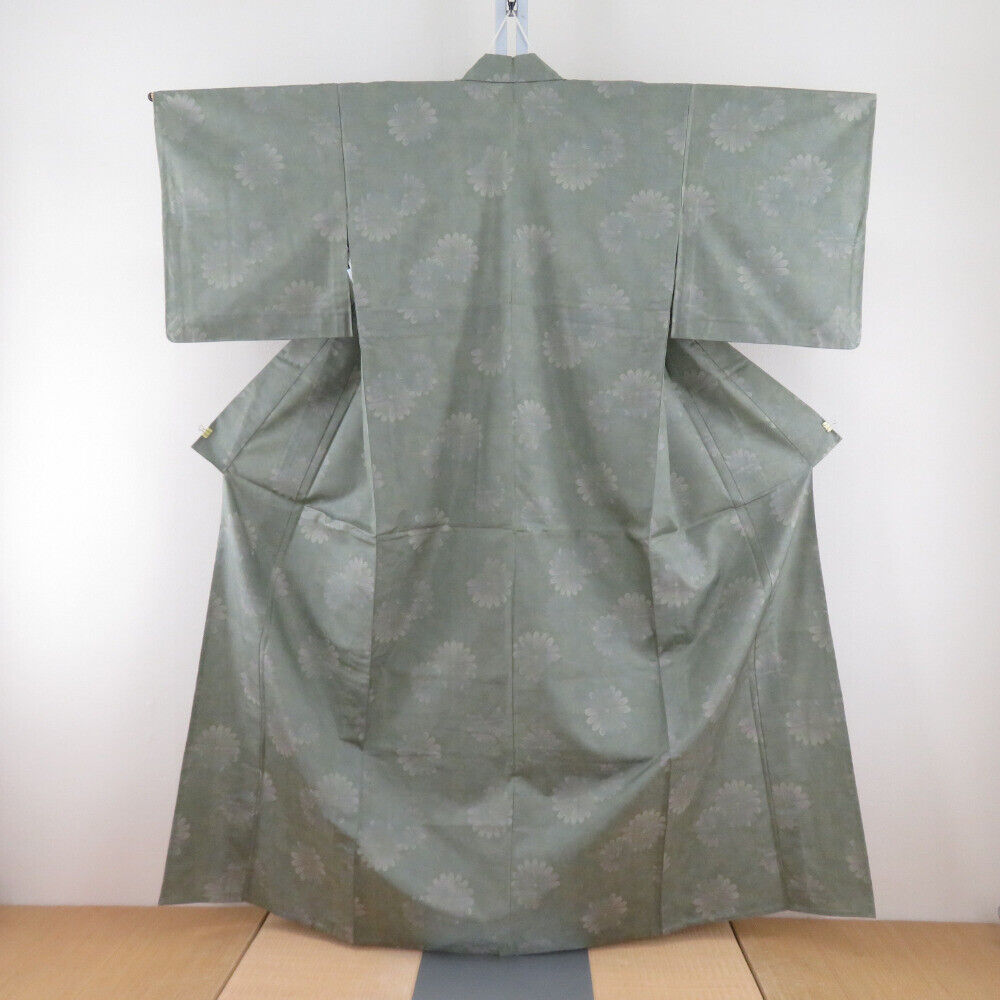 Tsumugi kimono Silk Floral Green 62.6inch Women\'s