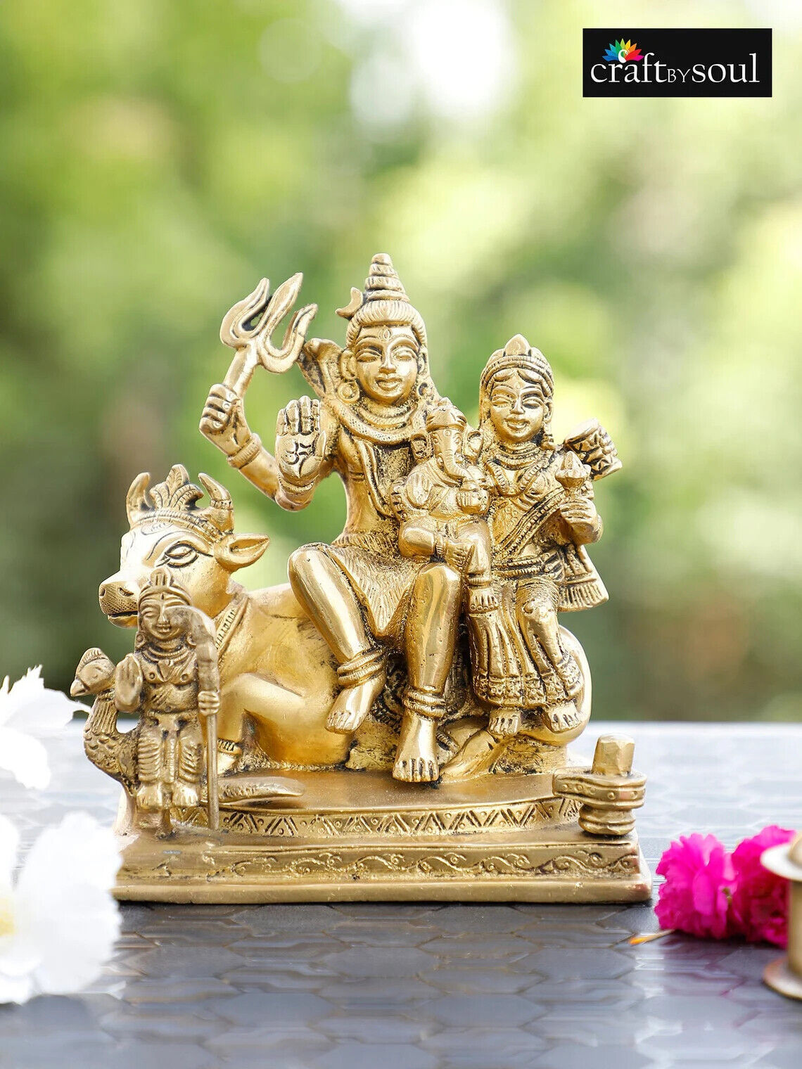 Shiva Parvati Nandi Family Sitting Statue Hindu Sculpture Temple Lord Figurine