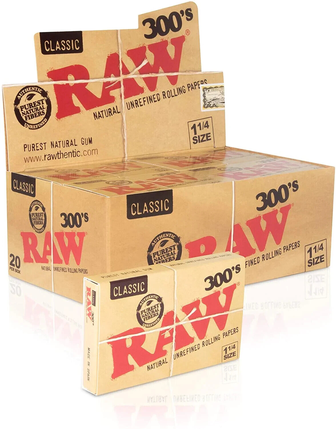 😎RAW CLASSIC NATURAL UNREFINED ROLLING PAPERS FULL BOX 1 1/4 -✨300\'s💛20 PACKS