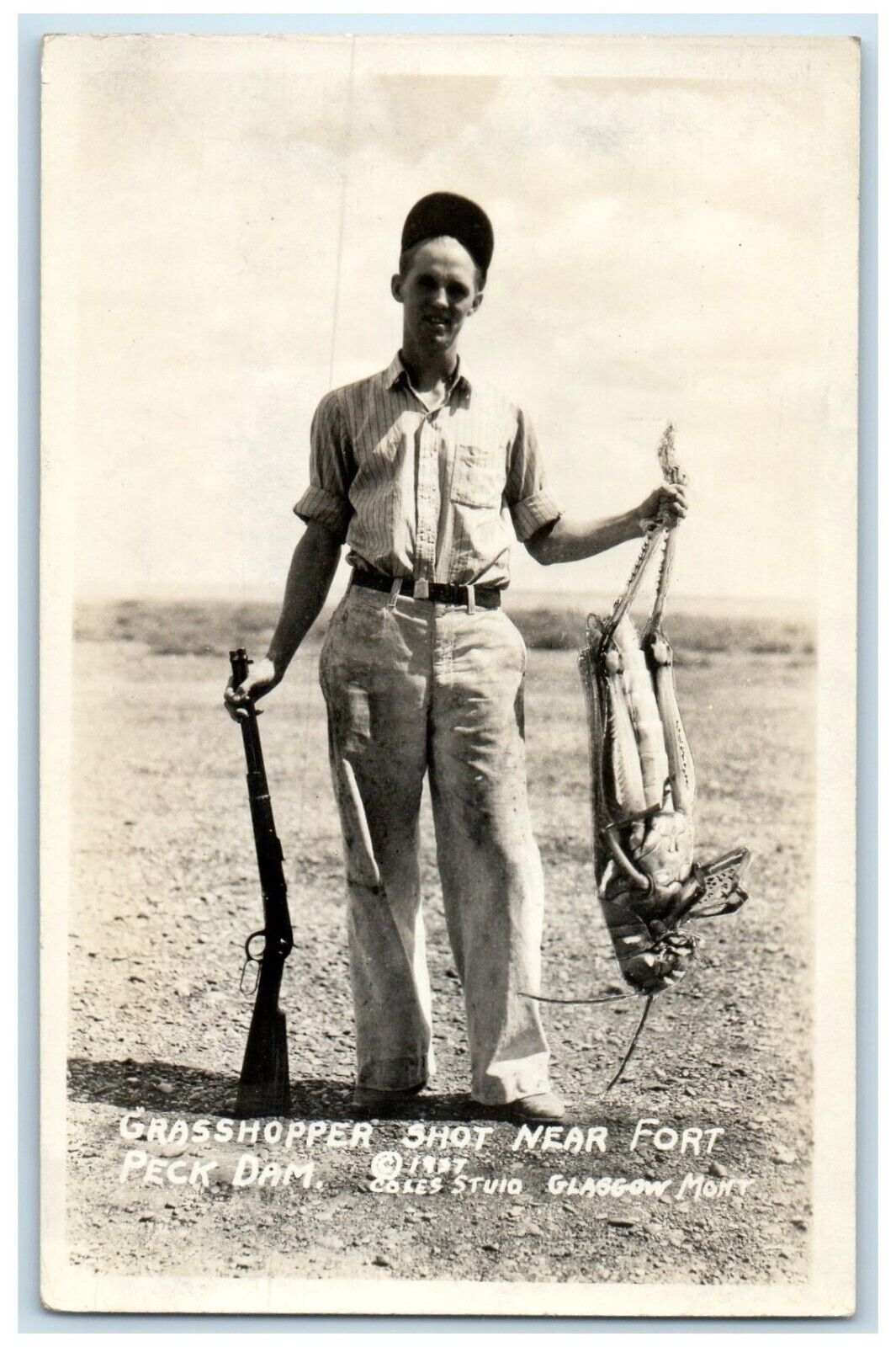 c1940\'s Grasshopper Shot Near Fort Peck Dam Glasgow Montana RPPC Photo Postcard