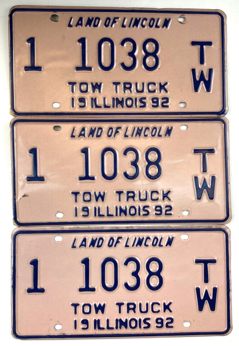 Illinois 1992 Tow Truck License Plate Set of 3 Garage Man Cave Decor Collector