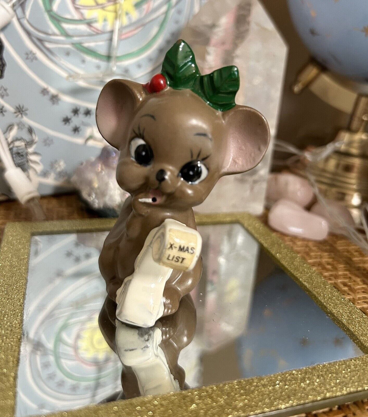 Vintage Josef Originals Christmas Mouse Writing Her Christmas List 3” Figurine