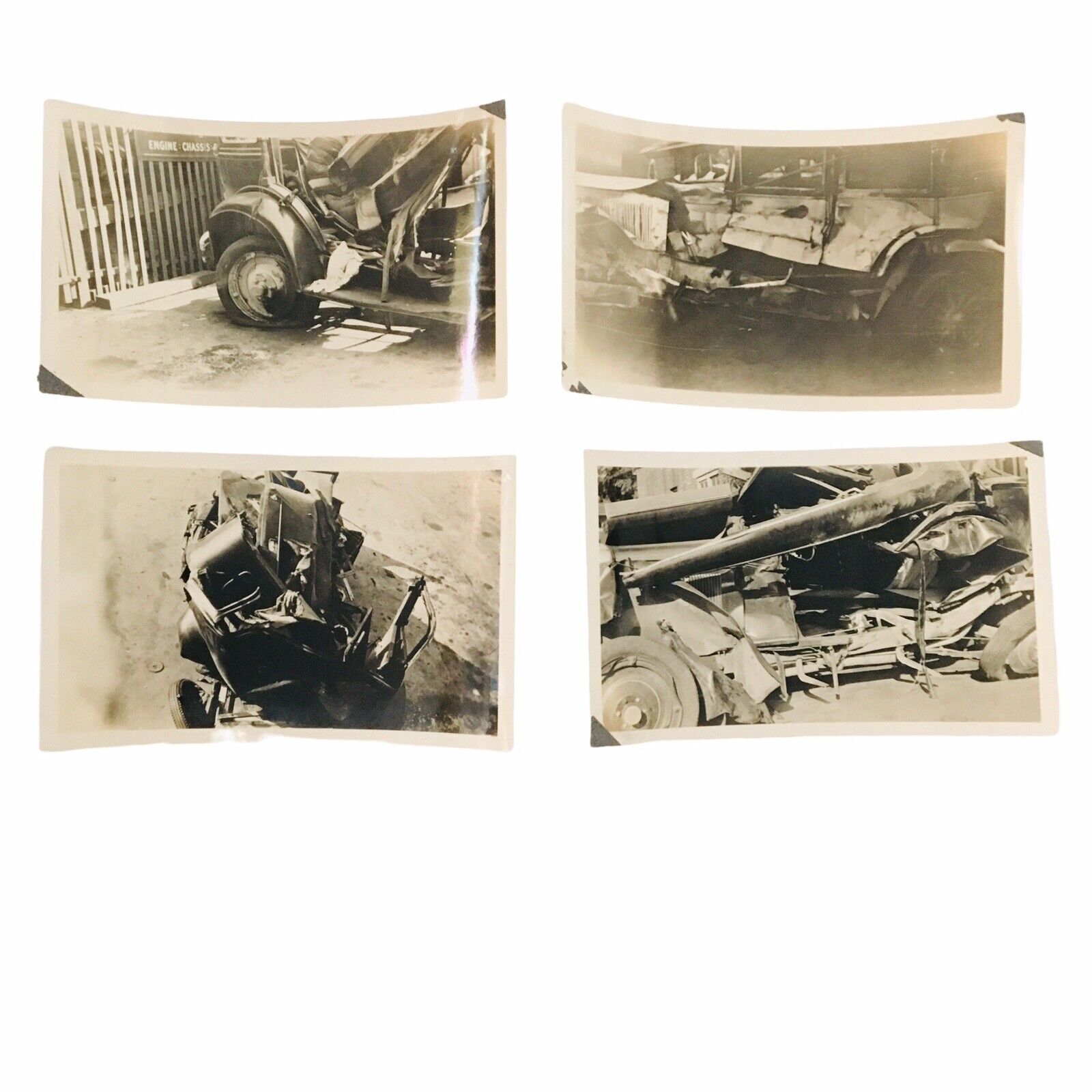 (4) Vtg Photo Lot CAR WRECK DEMOLITION Automobile Damage OLD SNAPSHOTS 1940s B&W