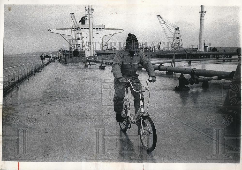 1969 Press Photo European Tanker Magdala Exercise Seaman Bike On Boat