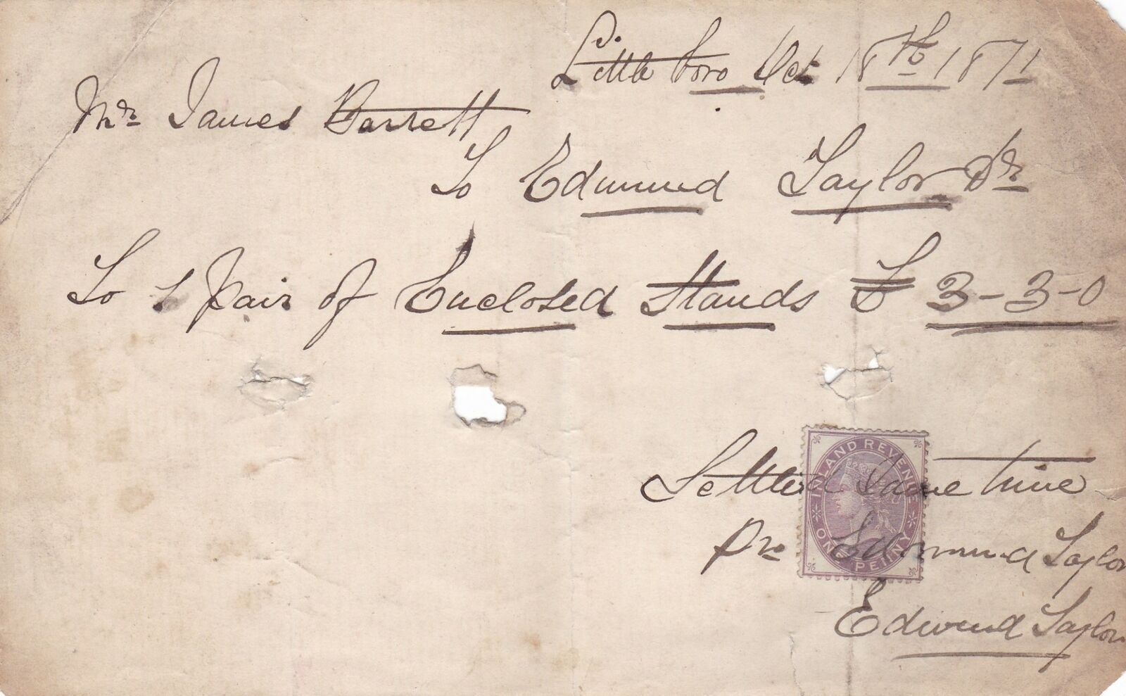Mr JAMES BARRETT to EDMUND TAYLOR 1871 one Pair of Stands Stamp Receipt Rf 48283