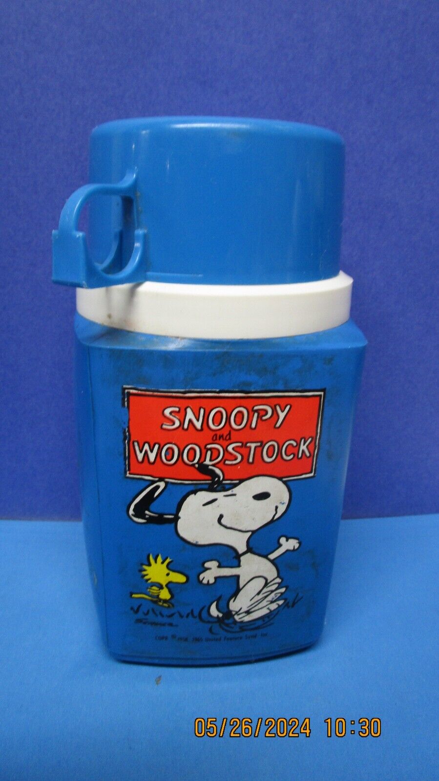 Vintage 1965 Snoopy and Woodstock Blue Lunchbox Thermos - Peanuts