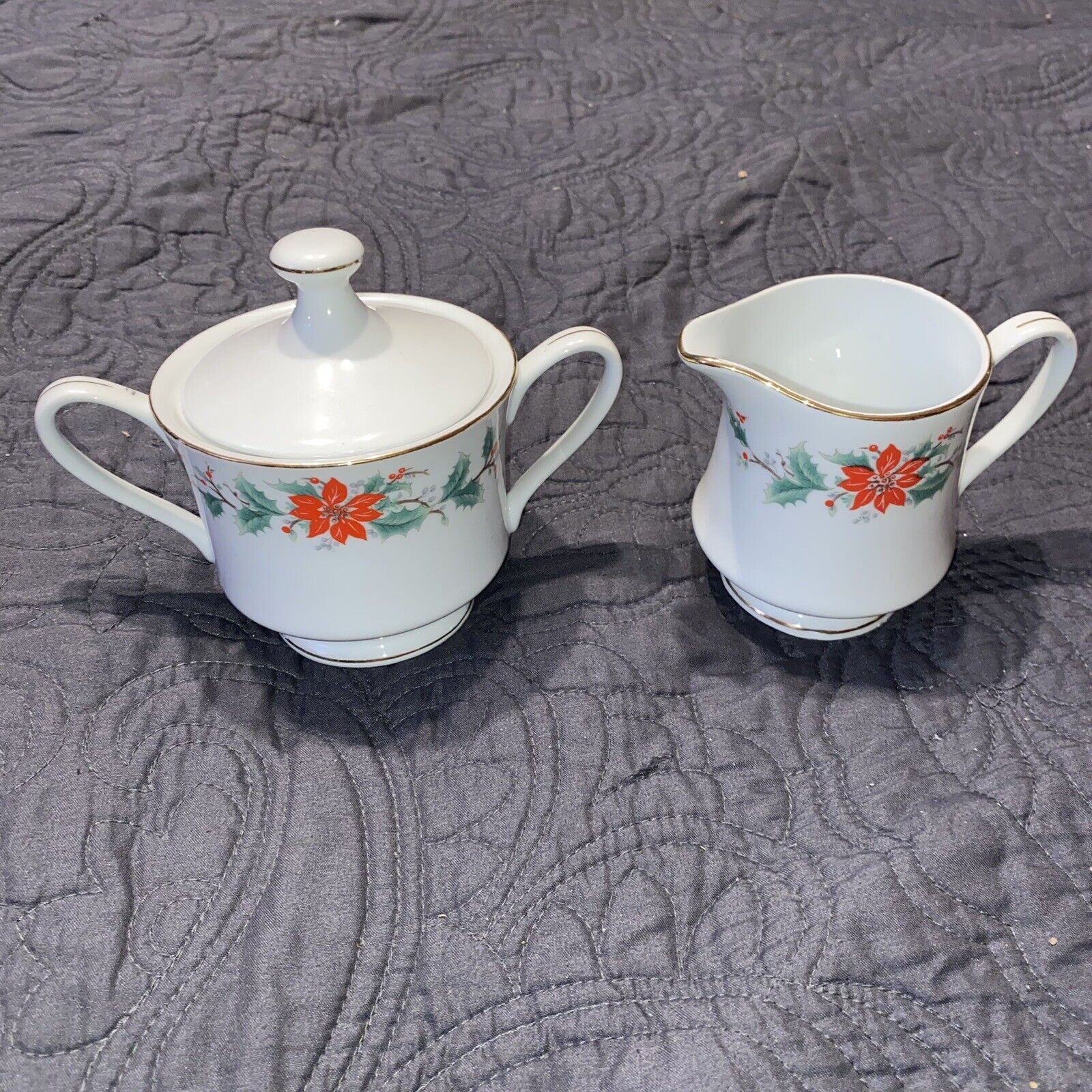 Vintage Trisa Fine China Cream and Sugar Pattern 1693 - Poinsettias & Holly 