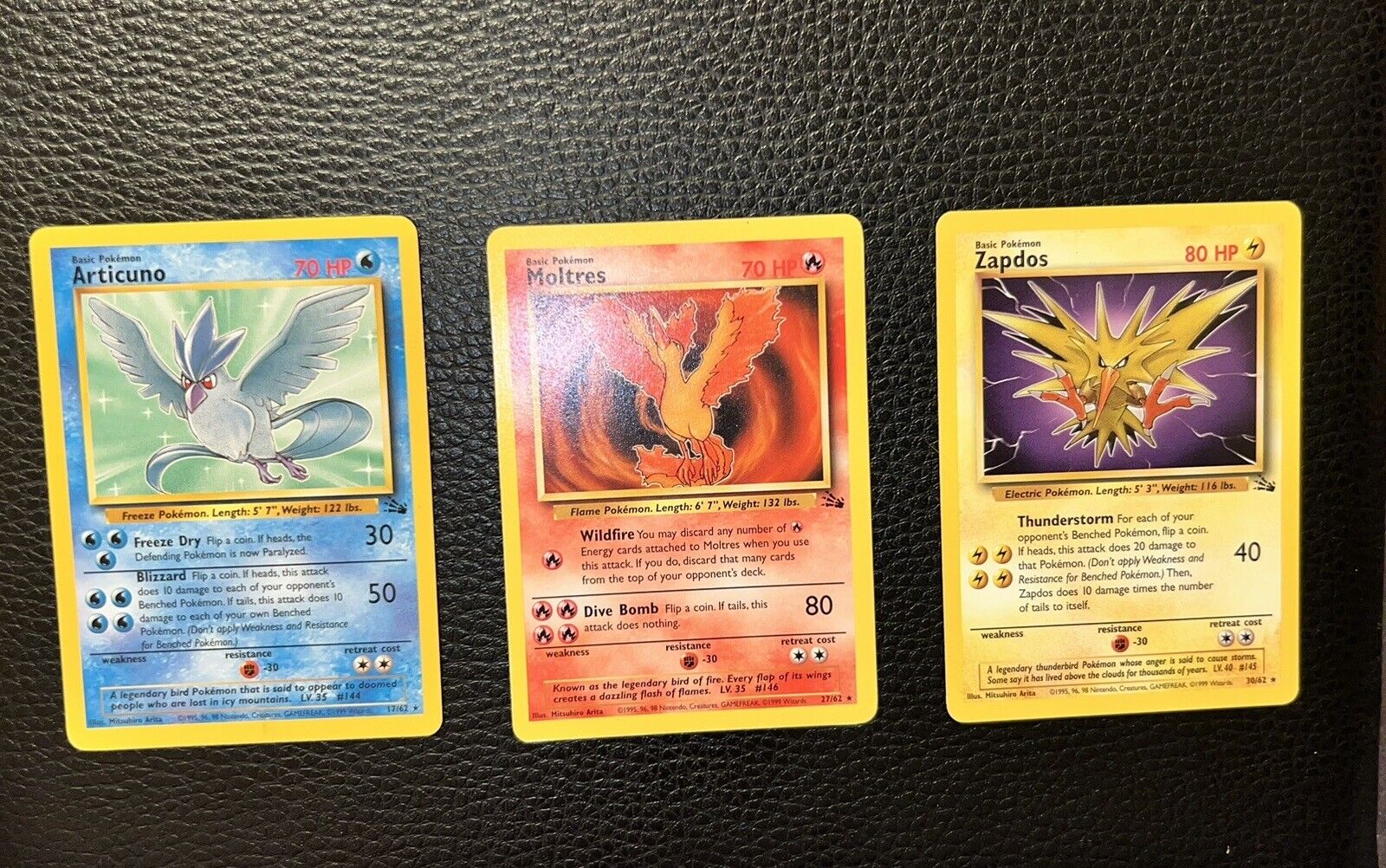Pokémon TCG Unlimited Fossil Set. 3 Cards - Zapdos ,Articuno & Moltres. MINT/NM
