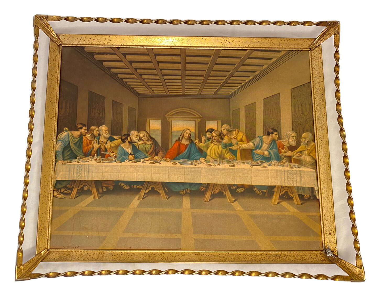 Vintage Last Supper Picture twisted Gold Metal Frame 11 X 9 