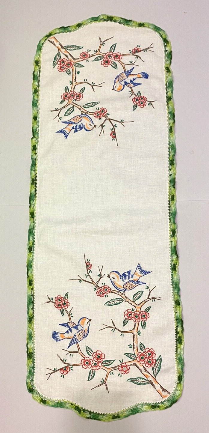 Vintage Embroidered Bird on Tree Branches Table Runner, well done and preserved