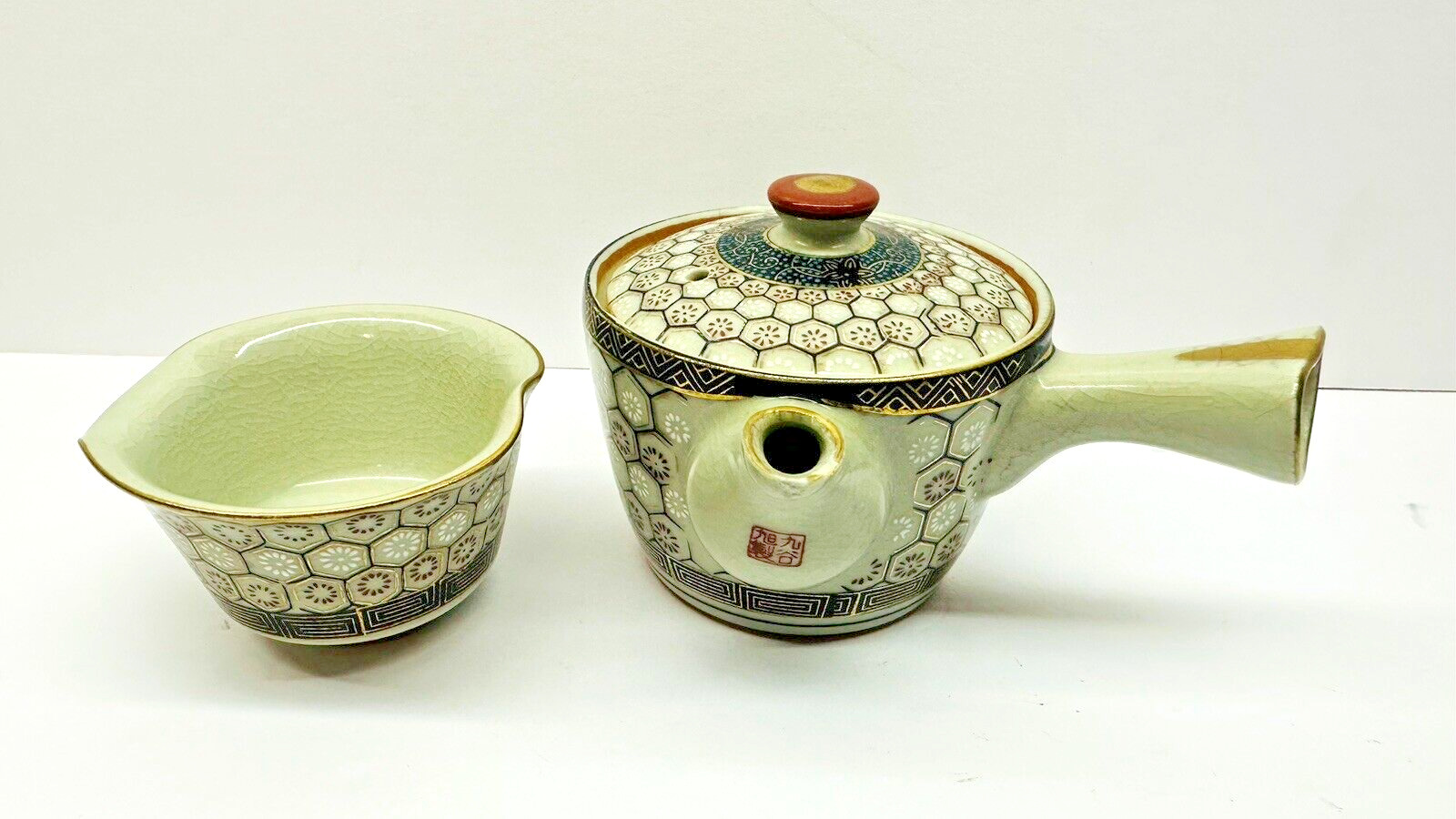 Vintage Small Japanese Kyusu Floral Kutani Yaki Porcelain Teapot With Cup