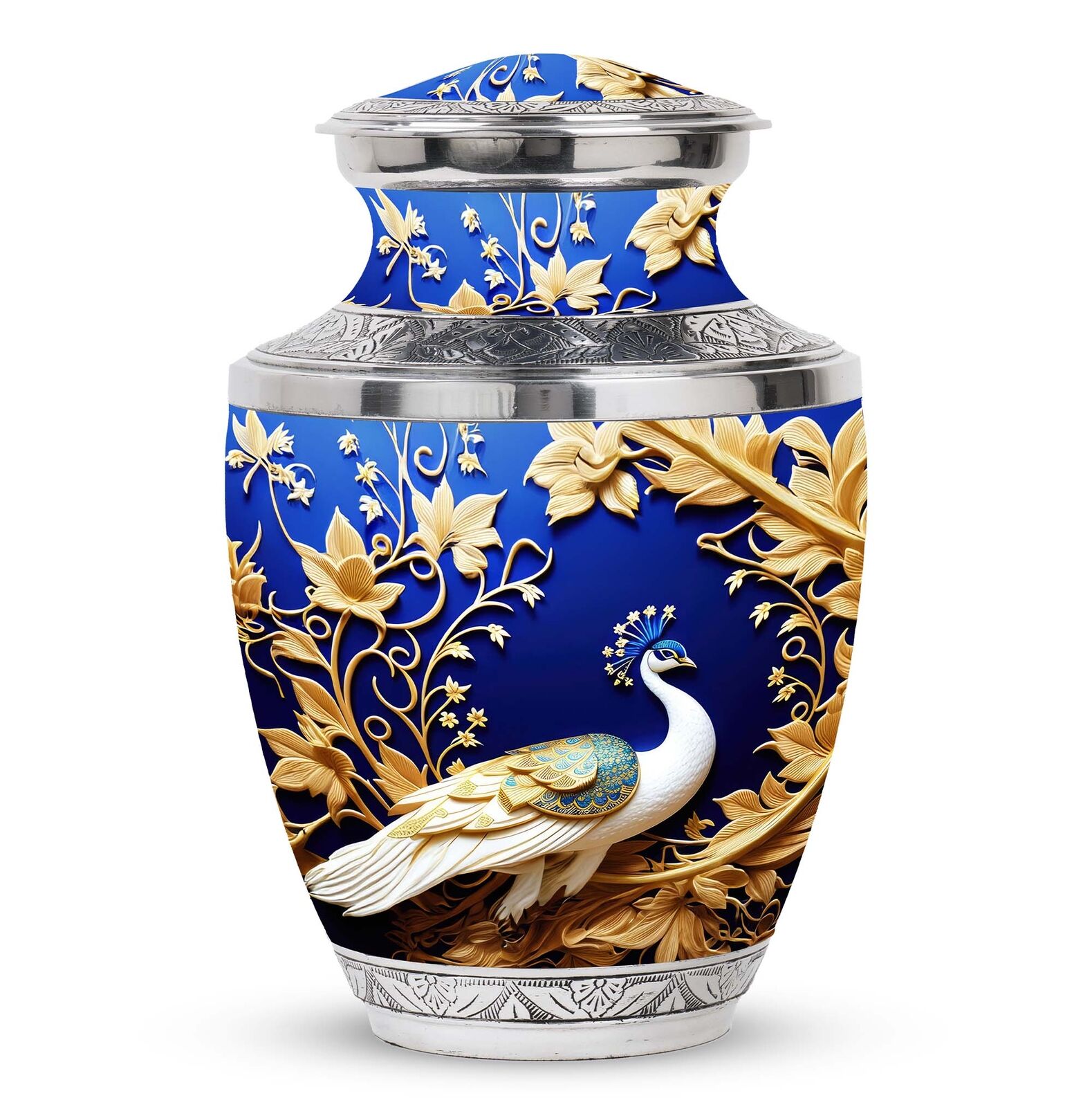 blue gold peacock with gold flowers Large Perfect Memorials Cremation Urns