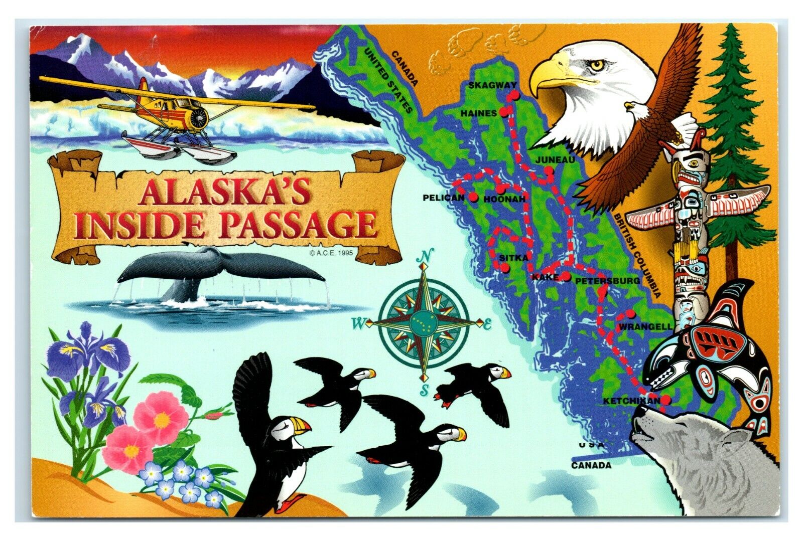 Postcard Alaska\'s Inside Passage animals totem seaplane ACE1189