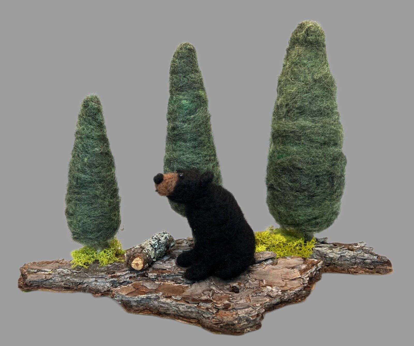 Needle Felted Wool Black Bear with Trees, Rustic Decor For Mountain Cabin