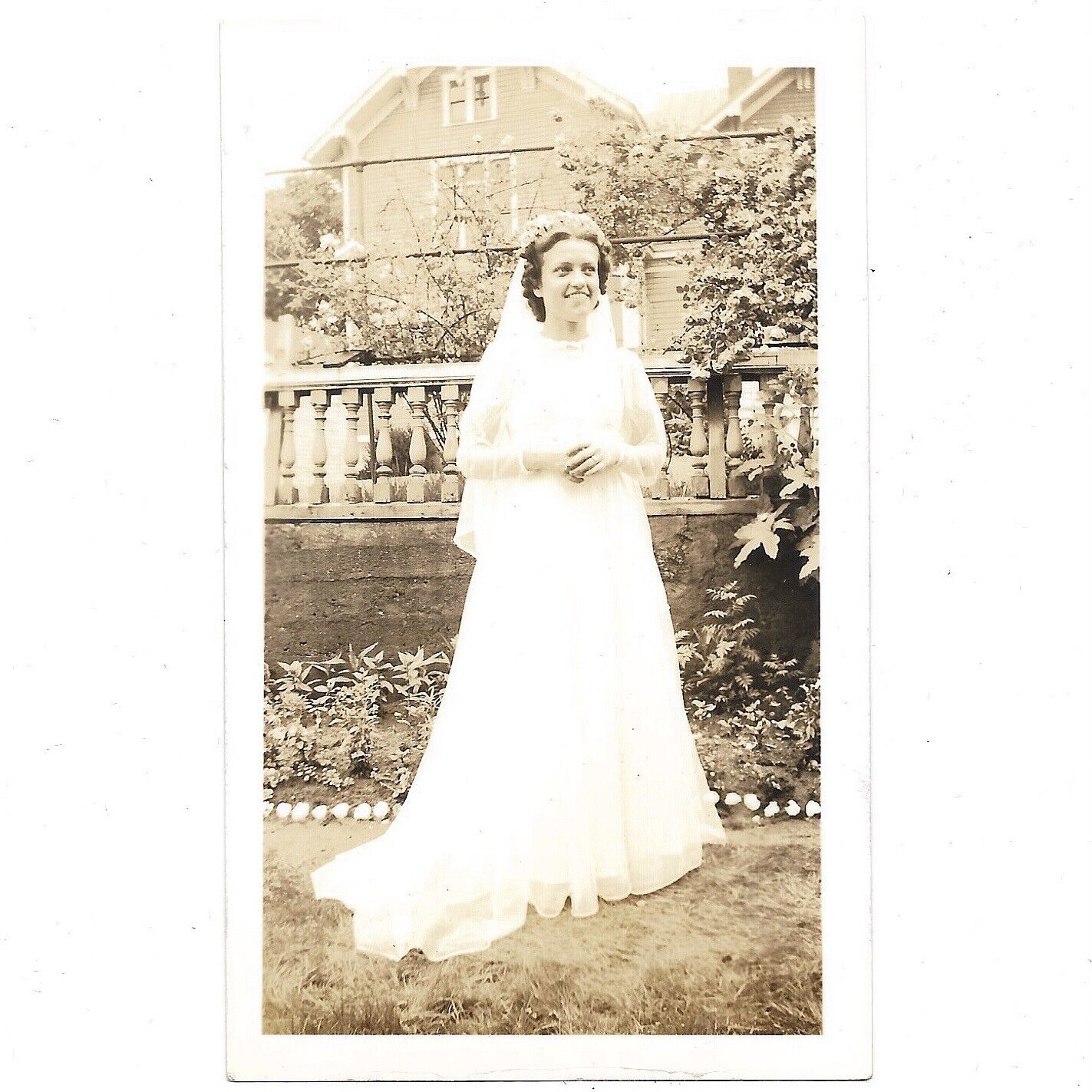 Vintage Photo Happy Bride At Garden Wedding Beautiful Smile Woman In White C1935