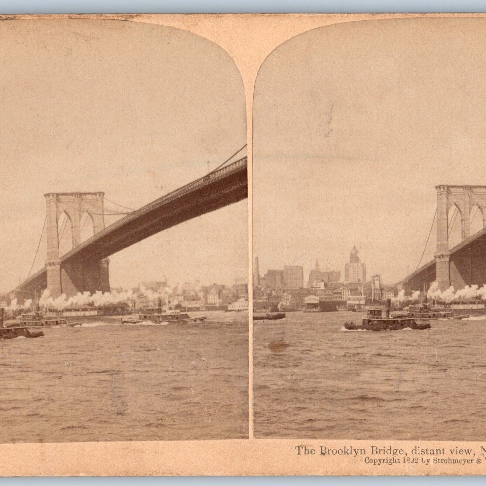 1892 New York NY Stereo Photo Brooklyn Bridge Steam Boats Ships Distant View V24