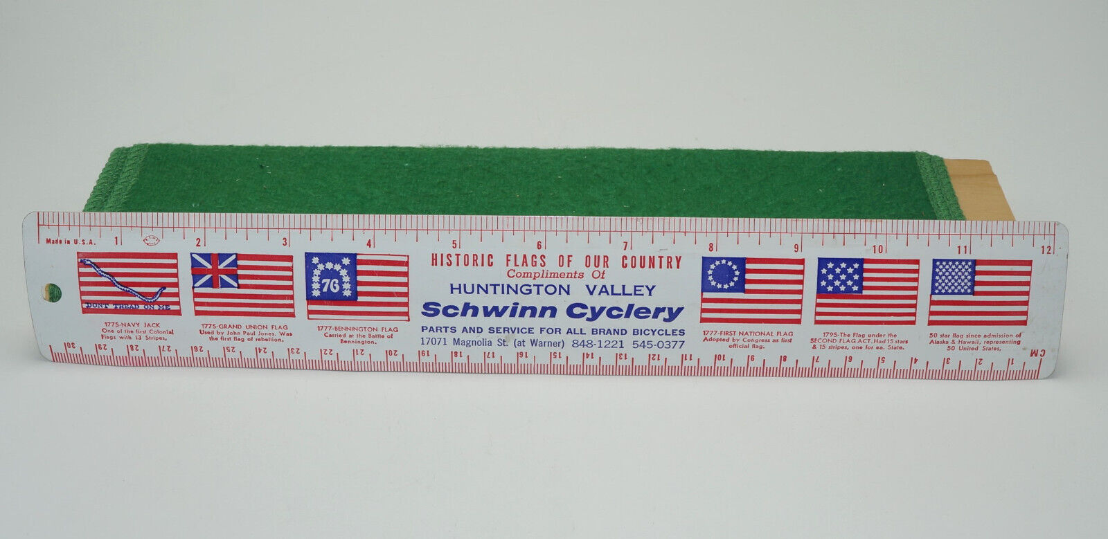 Vintage Huntington Valley Schwinn Cyclery Historic Flags Metal Ruler - Rare