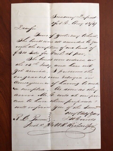 RARE 1857 North Carolina Treasurer D.W. Courts Letter, Western NC Railroad Bonds