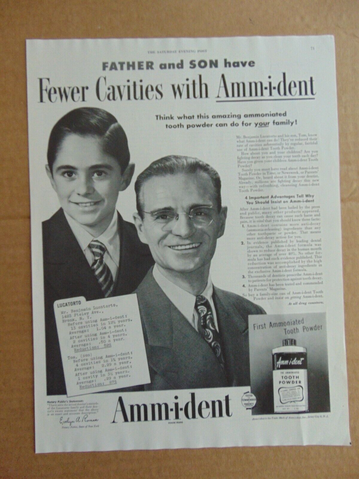 1949 Amm-i-dent Tooth Powder vintage print ad